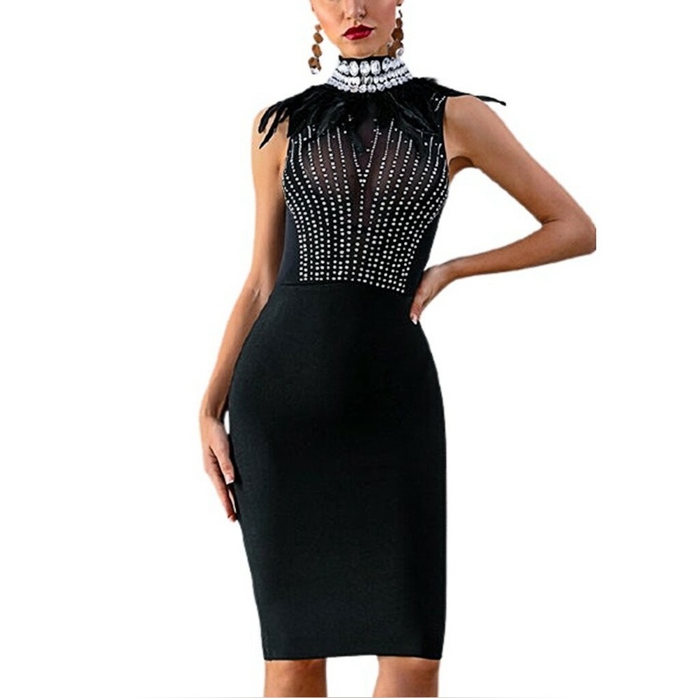 Glamorous Rhinestone High Collar Feather Beaded Bandage Dress